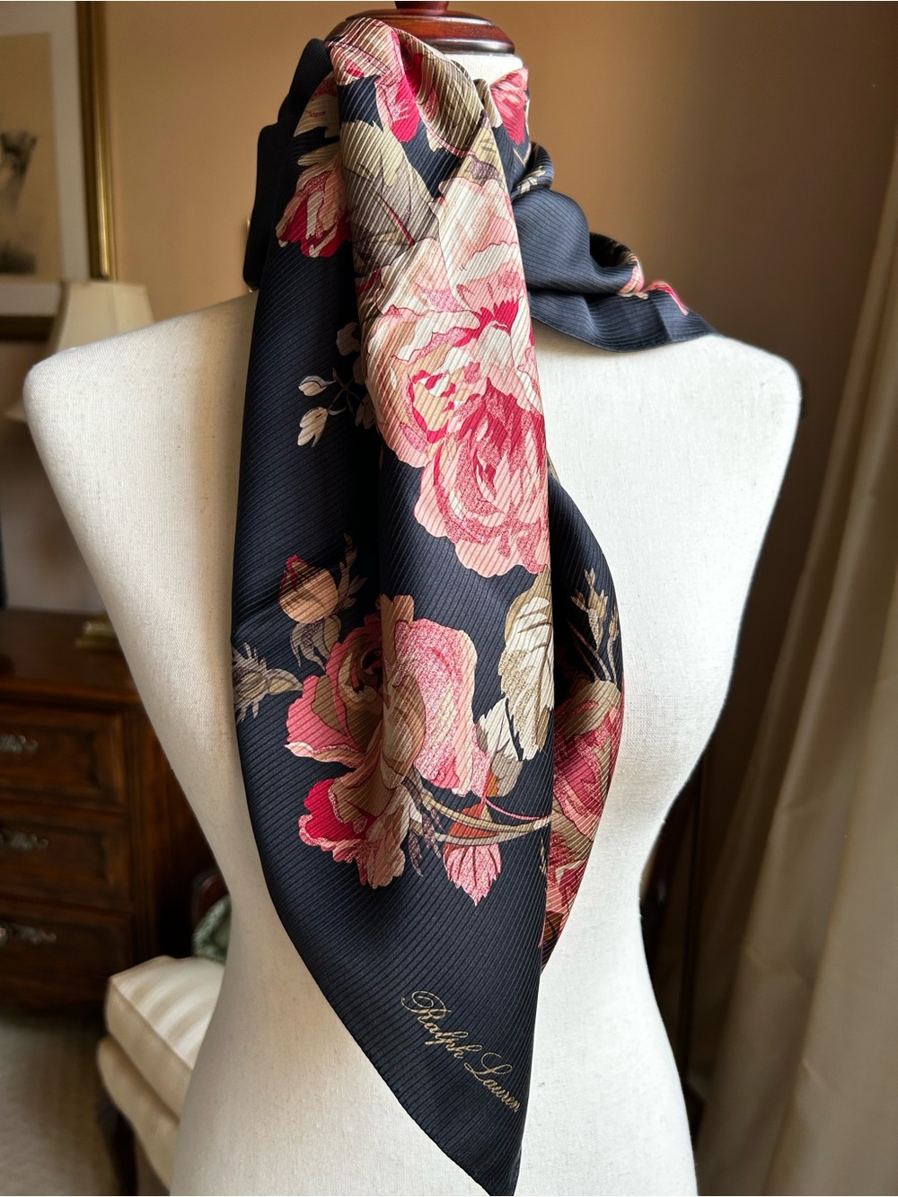 Vintage Ralph Lauren Black Ottoman Jacquard Silk Floral Scarf